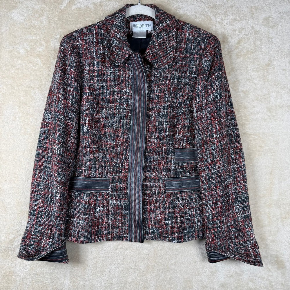 Worth New York Red Black Tweed Boucle Jacket Leather Trim Size L Dark Academia